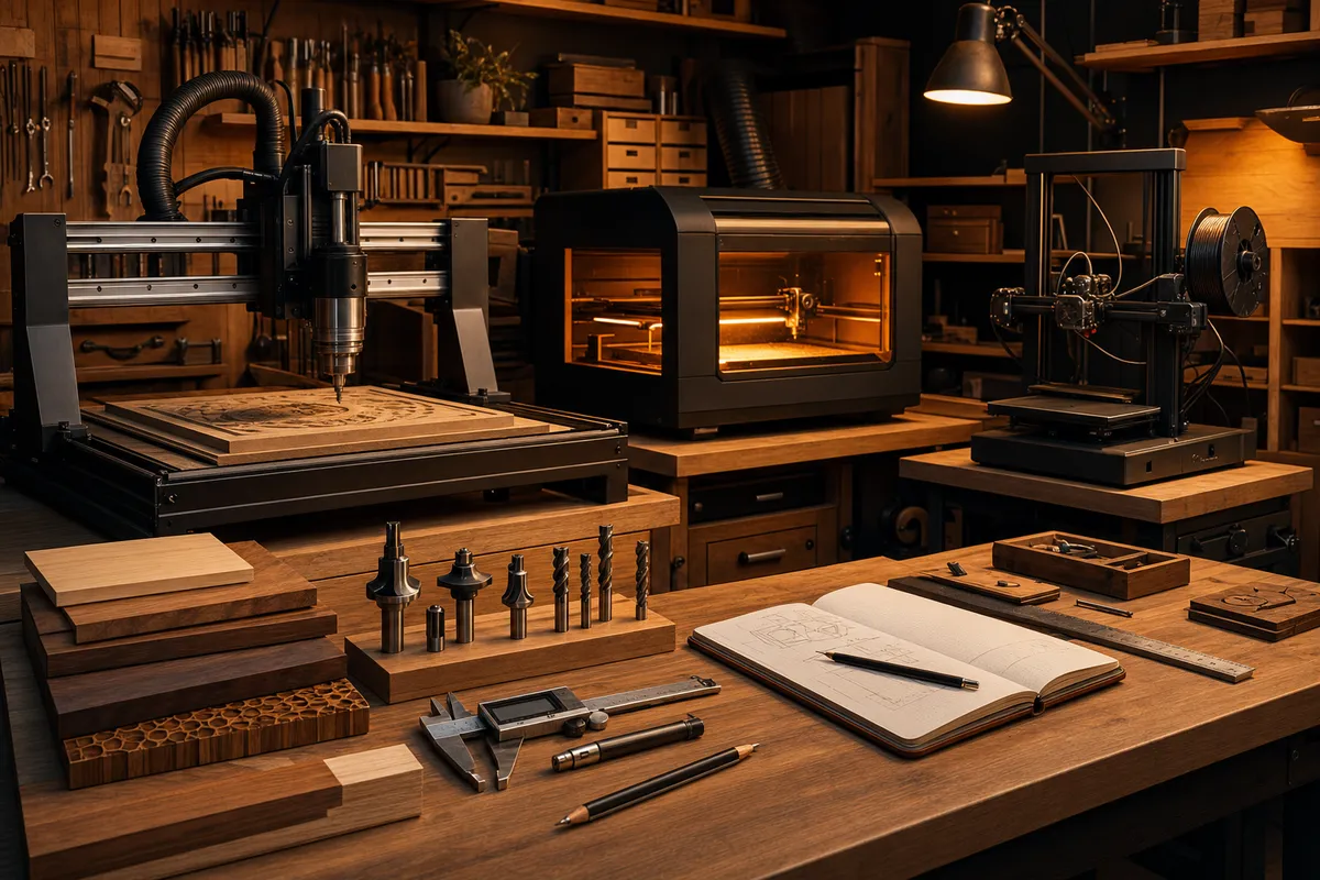 A maker workshop with a CNC router, laser engraver, and 3D printer